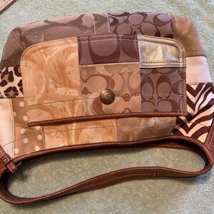 Coach Patchwork Signature Shoulder Bag Brown Tan Leather Trim Small Purse